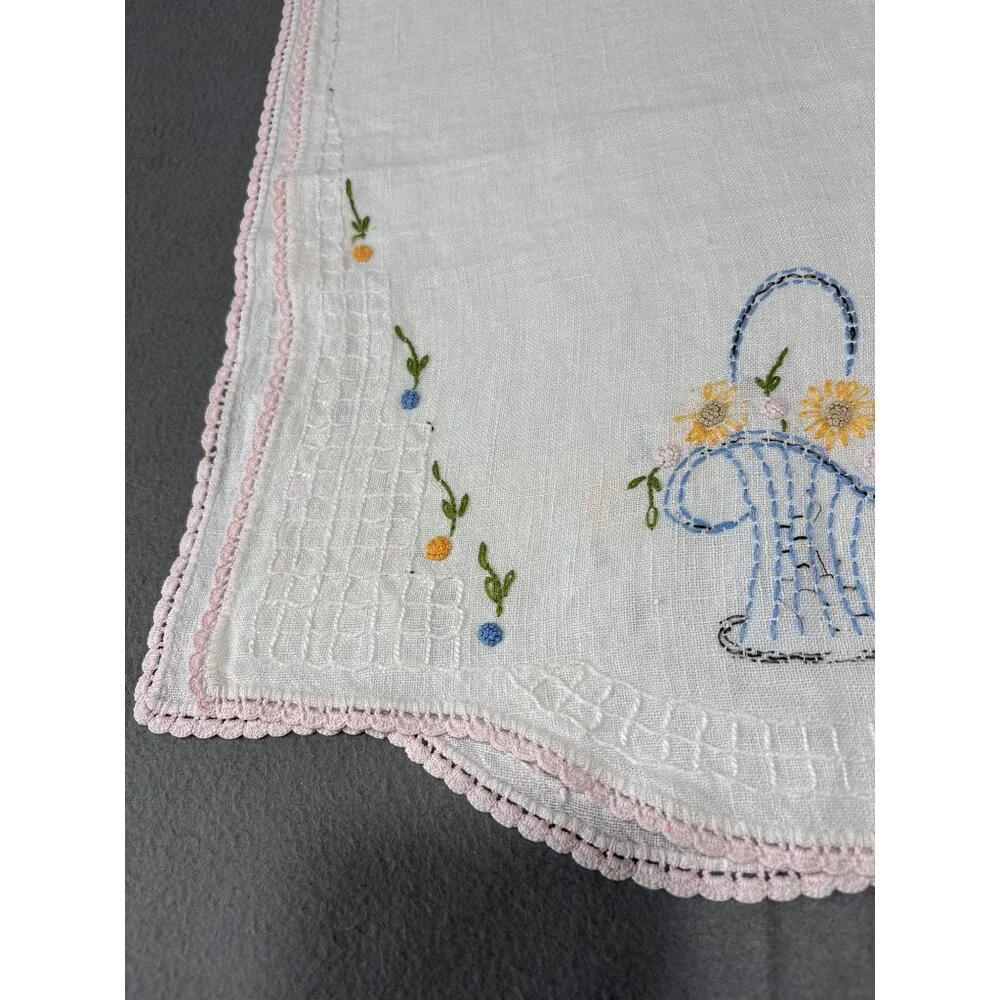 Hand Embroidered Linen Table Runner Flowers & Pink Lace Trim 38x14